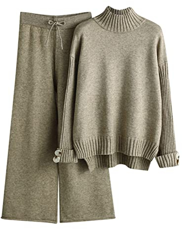 YCBMINGCAN Damen Strickset Herbst und Winter Strickanzug Stehkragen Pullover Lange Hosen Lose Zweiteiler Skianzug Damen Set (Khaki, One Size)