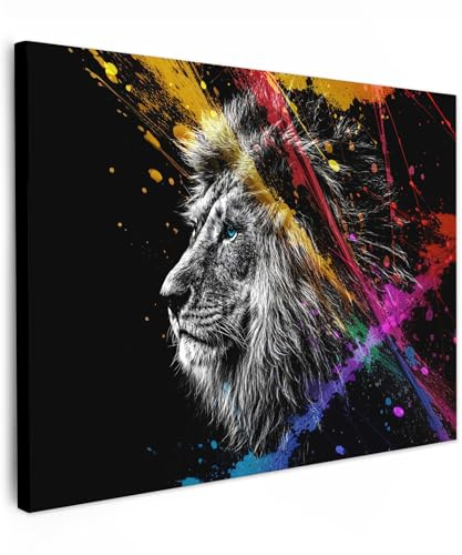 MuchoWow© Wandbilder 80x60 cm Wohnzimmer Wanddeko Schlafzimmer Zimmerdeko Fotowand Zimmer Deko auf Wand Dekoration Wall Art Löwe - Schwarz und weiß - Farbe - Graffiti - Tiere