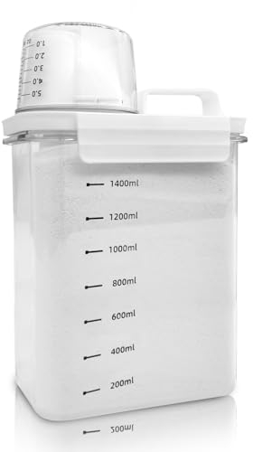 Cbilzxer Dispensador de Detergente,Dosificador Detergente Lavadora, Almacenamiento Reutilizable, Botellas Vacías en Polvo, Caja de Almacenamiento con Vaso Medidor (1800ml)