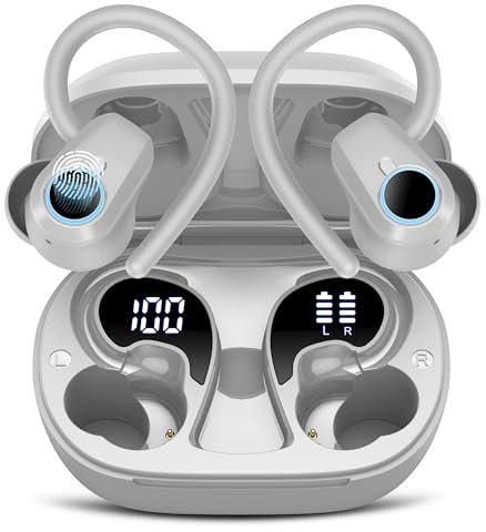 Poounur Auriculares Inalambricos Deportivos, Auriculares Bluetooth 5.3 con HD Mic HiFi Estéreo, ENC Cancelacion Ruido, Pantalla LED, Gris