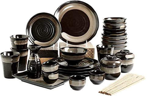 Set di stoviglie giapponesi da 16 pezzi, set di stoviglie in gres, set da tavola retrò per la casa con tazza a caraffa, servizio di piatti per 8 persone, set di stoviglie moderne, piatti piani,