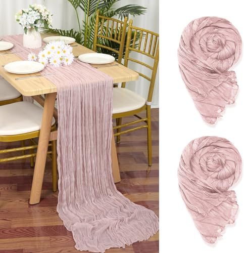 2 Stück Seihtuch Tischläufer Rosa,90 x 300 cm Staubiges Rosa Rustikaler Gaze Stoff Boho Tischläufer Käsetuch Cheesecloth Tischläufer Hochzeit Tischdecke für Hochzeitsfeier Brautparty Tischdekoration