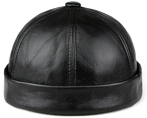Hehimin Herrenmütze aus echtem Leder, Matrosenmütze, Rollmanschette, Retro, randlos, echtes Leder, Hafenmütze, Schwarz , 60