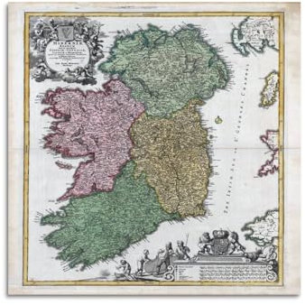 QLLS 1716 Europa, Irland, Vintage-Karte, Poster, dekorative Leinwand, Familienschlafzimmer, Kunstwerk, Bild, Gemälde, 40 x 40 cm