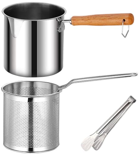 Stainless Steel Deep Fryer,Deep Fryer Pot with Basket and Tong,Handled Deep Fryer,Mini Griddle French Fry Chips Net Deep Fryer,Uncoated Wide Mouth Non-slip Multipurpose Mini Deep Fryer