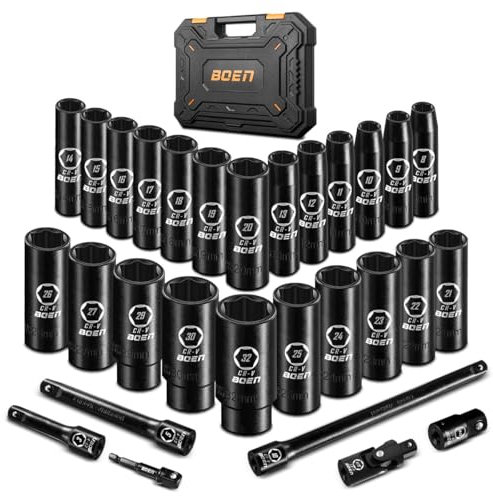 boen Juego de 29 llaves de vaso métricas de 1/2 pulgada, enchufe profundo de impacto (8 mm-32 mm), 6 puntos para reparación de automóviles con funda portátil, acero CR-V