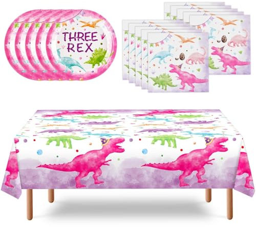 WERNNSAI Aquarell Dinosaurier Partygeschirrset – Dinosaurier Pink Partyzubehör für den 3. Geburtstag für Mädchen Teller Dino Partydekoration für 16 Gäste 33 Teilig