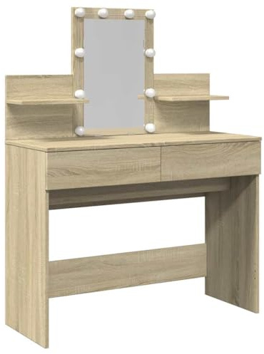 vidaXL Schminktisch, Frisiertisch mit Spiegel LED-Beleuchtung, Kosmetiktisch mit 2 Schubladen 2 Ablagen, Frisierkommode, Modern, Sonoma-Eiche