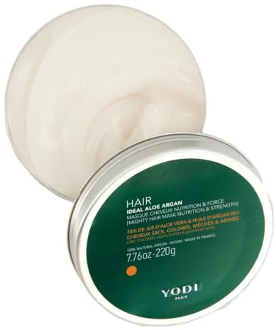 YODI - Masque Cheveux - Idéal Aloe Argan - Nourrit & Fortifie -  Aloe Vera & Huile D'Argan Bio - 100% D'Origine Naturelle - Vegan - Made In France - Cheveux Secs, Colorés, Bouclés - 220g