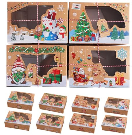 Weihnachtsbox zum Befüllen 12 Stück, Weihnachts Kekskästen Boxen, Keksschachtel Weihnachten, mit Sichtfenster Anhänger und Seil, 20 X 15 X 7.5 cm, für Weihnachtsfeier Brownies SüßIgkeiten Kekse