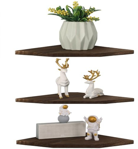 DUICIRX Eck-Wandregale, Holz-Eckregale mit Kabellaufbahn, Wandhalterung, Aufbewahrungsdisplay für TV-Zubehör, Monitor, Lautsprecher (karbonisiertes Dunkelbraun, Diamant-25,4 cm)