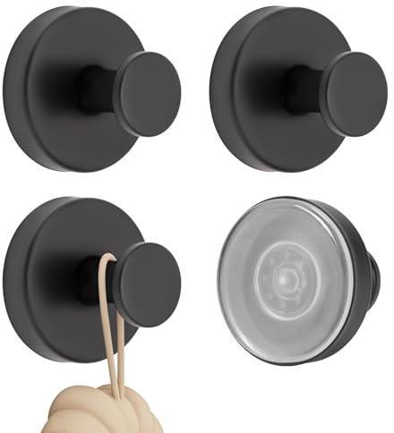 Bafiwu 4PCS Stainless Steel & PVC Suction Shower Hooks, Black, 4 Hooks, 22lbs Max Weight, Rust Resistant, Suction Cup Hooks for Bathroom, Kitchen, General Hanging