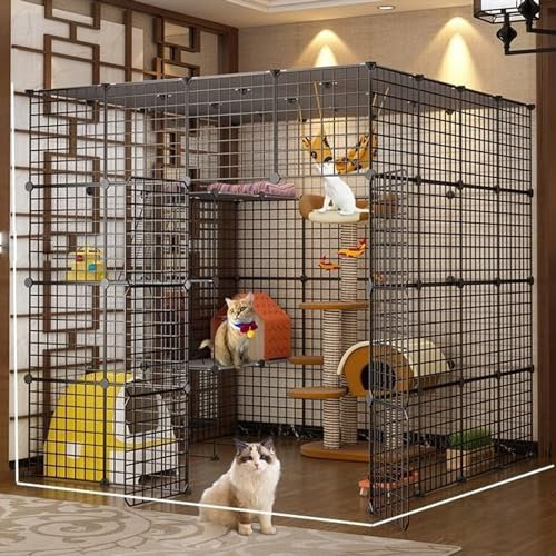 YPDOPORA Grande Cage pour Chat, Enclos pour Chat D'intérieur avec Balcon, Parc pour Chat DIY, Chenils en Fil Métallique Détachables, Grand Lieu d'exercice Idéal pour 1 À 3 Chats,D