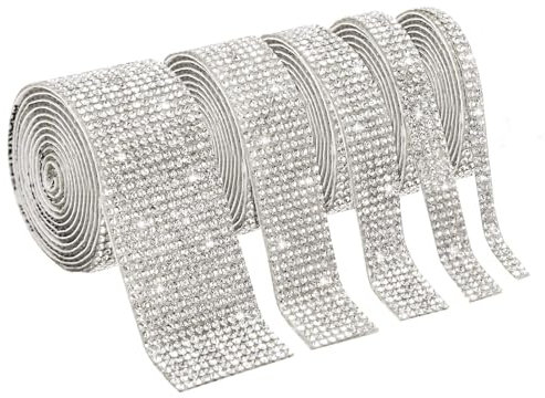 Strass Adesivi Brillantini per Decorazioni, 5 Rotoli Nastro di Diamanti Autoadesivo in Cristallo Decorazione per Feste di Matrimonio,Telefono, Auto, Eventi Artigianato Arte (5 Yard, Argento)