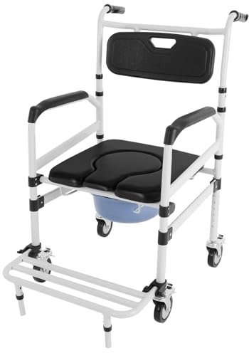 Duschtoiletten-Rollstuhl, Duschstuhl mit Räder, Höhenverstellbar Dusch Toilettenstuhl Fahrbar, Bett-Toilettenstuhl für die Toilette für Senioren, Behinderte und Schwangere Frau, 100KG Fassungsvermögen