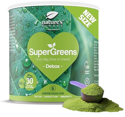 Nature's Finest Supergreens Detox – Verdi Helper Detox – Polvere proteica vegana – Succo di erba di orzo biologico in polvere, clorella – Formula disintossicante vegetale per energia e benessere – 150
