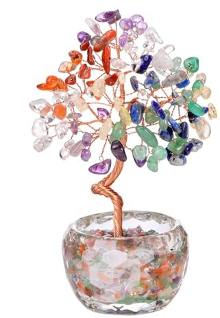 JOVIVI Bonsai Albero della Vita Soprammobile in Pietre Naturali con Vaso Sfaccettato in Vetro Albero Portafortuna in Chakra Cristalli con Tronco Curvo per Decorazione Interni Negozio Reiki 7 Chakra