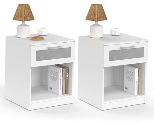 IDMarket - Set mit 2 Nachttischen Vito, 1 Schublade mit Nische, mattiert, Holz, Weiß