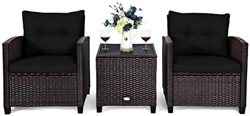 COSTWAY 3-TLG. Rattan Gartenmöbel Set, Polyrattan Sitzgruppe, 2 Sessel & 1 Beistelltisch, Balkonmöbel Bistroset Gartengarnitur, Gartenlounge Gartenset inkl. Glasplatte & Sitzkissen (Schwarz)
