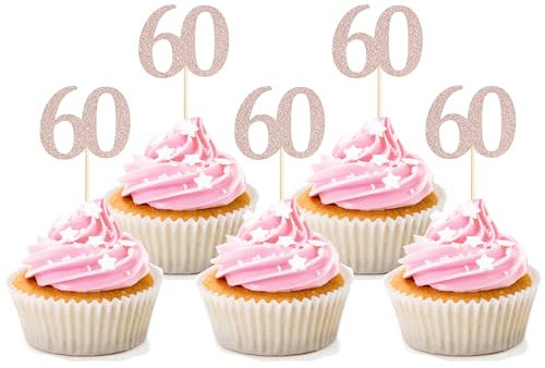 Sotpot 30PCS 60th Birthday Cupcake Toppers Rose Gold Glitter 60th Cupcake Picks for Happy 60th Birthday Party Decorations
