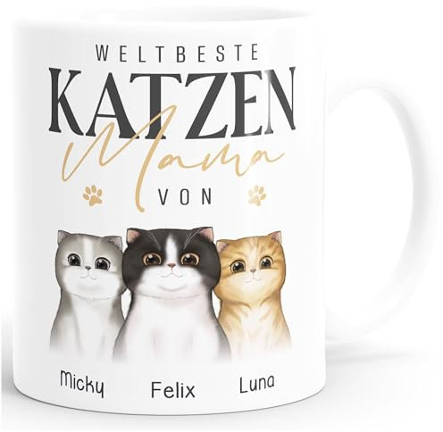 SpecialMe® Tasse mit Spruch Weltbeste Katzenmama bis zu 3 Katzen mit Namen anpassbar Geschenk für Katzenmutti Muttertag Weiss standard