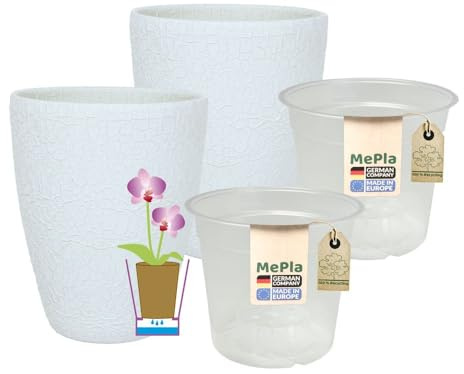 MePla - 2 Stück - Orchideenübertopf 500 Lizzard ø 14 Weiss Pflanztopf Orchidee ø 12, hochwertiges Wohnambiente