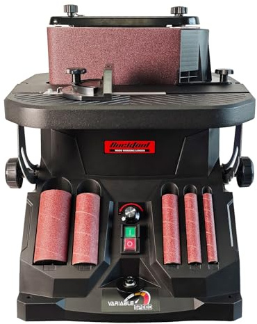 BUCKTOOL 450W Oszillierender Band- und Spindelschleifer, 1000-1800 U/min | 610 x 100 mm Schleifband, 5 Schleifhülsen von 13-51 mm und Absaugung; Tischschleifmaschine für Kanten und Konturen