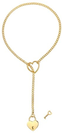 Rofusn Heart Lock Key Lariat Y-Necklace: Punk Stainless Steel Heart O-ring Charm Choker Adjustable Slip Chain Necklace Jewelry for Women Halloween Christmas Valentines, Stainless Steel, No Gemstone