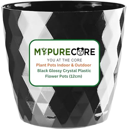 MYPURECORE Plant Pots Indoor 12cm – Stylish Decorative Plastic Flower Pot with Glossy Crystal Surface – Durable Indoor & Outdoor Planter for House Plants, Herbs (Black, 12 cm)