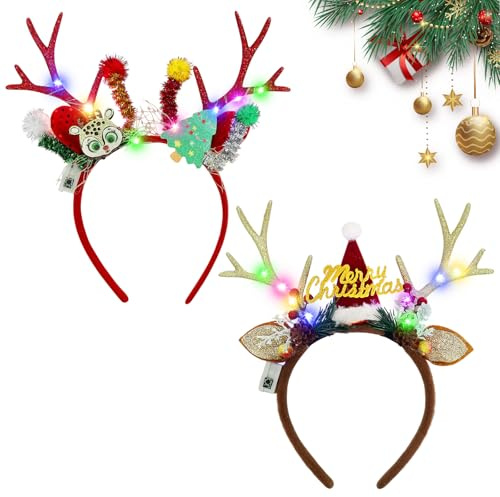 2 Stück Weihnachten Geweih Haarreif, Weihnachts Haarreif, Weihnachtsgeweih, Haarreifs Weihnachten, Beleuchtete Weihnachten Stirnbänder mit LED, weihnachts Haarreifen für Weihnachten Urlaub Party