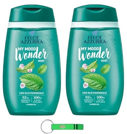 2x Felce Azzurra Duschgel Doccia My Mood Wonder Mint/Feuchtigkeitsspendendes Minz-Duschgel für weiche Haut 250ml + Beni Culinari Kostenloser Schlüsselanhänger