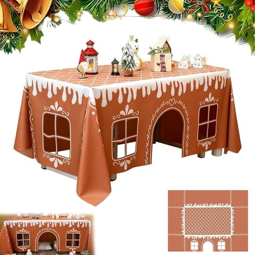 Gingerbread House Christmas Tablecloth, Xmas Playhouse Rectangular Large Table Cover Playhouse, Interactive Playhouses, Festive Winter Pattern Cloth for Party Dining Room Kitchen Decor (91×118in)