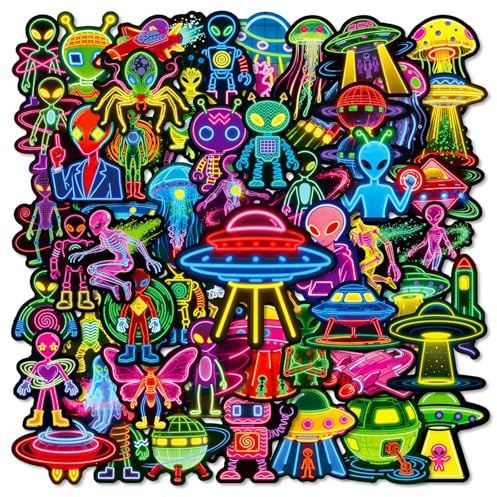 Neon Aliens Aufkleber für Laptop(50PCS),Geschenk für Jugendliche Erwachsene,Neon Alien ästhetisch Wasserdicht Vinyl Stickers für Auto,Motorräder Fahrrad Gepäck Scrapbook,Skateboard Gitarre