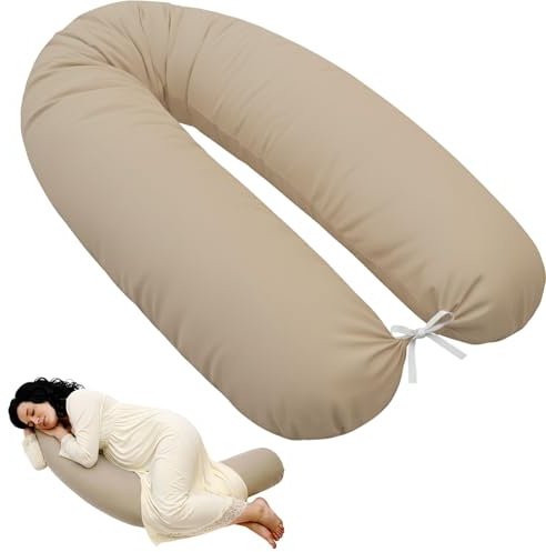 EMI & SAM Stillkissen 170cm – Seitenschläferkissen & Lagerungskissen für Schwangerschaft, Stillzeit & Baby – Bezug 100% Baumwolle, als Ersatzbezug oder mit Füllung (Beige, Hohlfasern Fillball Füllung)