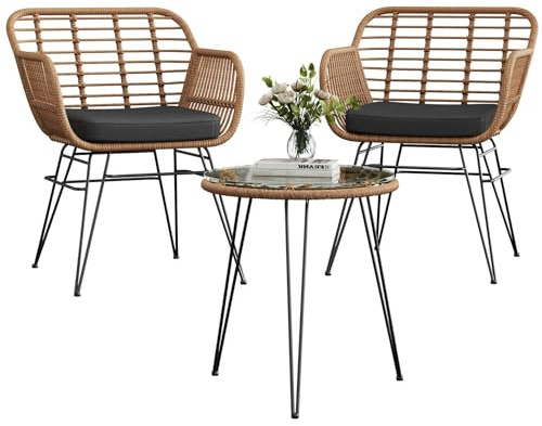 Acekool Rattan Sitzgruppe, 2 Stühle, für Garten & Balkon-Braun & Schwarz | Möbel Für 2 Personen, 3-TLG. Bistroset, Balkonmöbel, Gartenmöbel Set Mit 2X Stühle + Balkonmöbelset