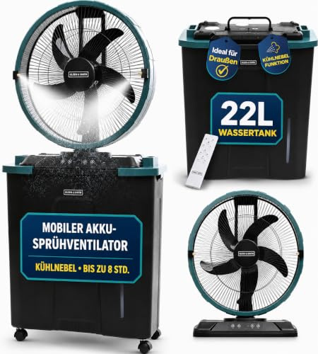 Olsen & Smith Mobil Luftkühler/Sprühventilator mit Wasserkühlung 22L | Luftkühler & Ventilator mit wasserkühlung, Standventilator mit Wassertank 22L, Fernbedienung, Rollen, Garten Terrasse, Balkon