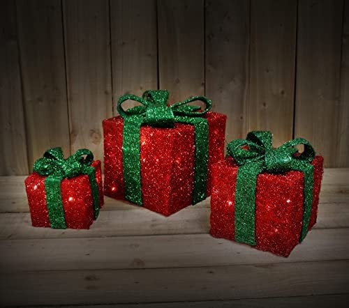 Garden Mile® 3pc LED Battery Powered Light Up Sparkling RED Decorations Festive Christmas Boxes Xmas Parcel Home Decor For Under Tree Or Around Home