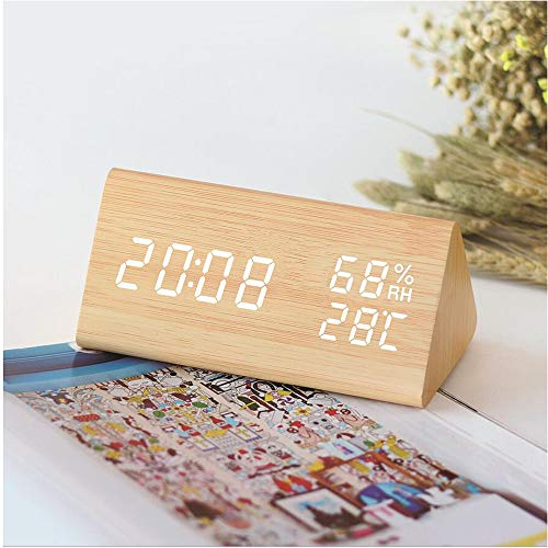 VORRINC LED Réveil Électronique en Bois, Horloge Numérique avec 3 Réglages d'Alarme, Numérique Réveil Alimenté par USB Affichage de l'Heure, de la Température et de l'Humidité,12/24 Heure