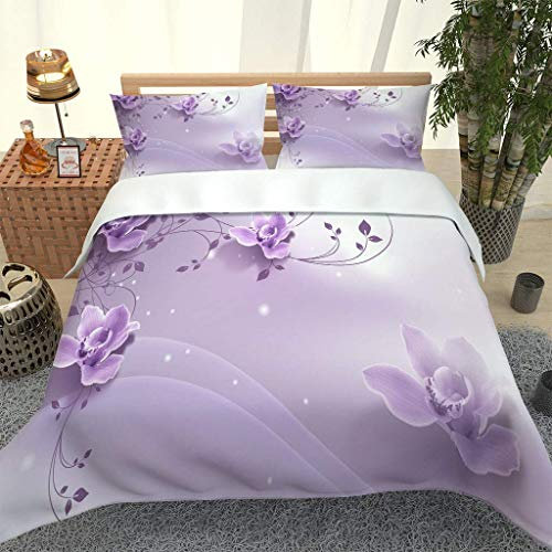 RQXRTR Set Biancheria da Letto Matrimoniale 3 Pezzi 3D Stampa Set Copripiumino in Microfibra Fiori Viola da Sogno 260X240cm Copripiumini da Letto Matrimoniali con Cerniera E 2 Federe 50X80cm