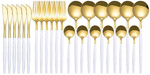 Blanc Gold Silverware Set for 6, 24 Pieces Ensemble de Couverts Stainless Steel Flatware Cutlery Set Tableware Cutlery Set for Home and Restaurant Include Knives Forks Spoons for Party Weddings