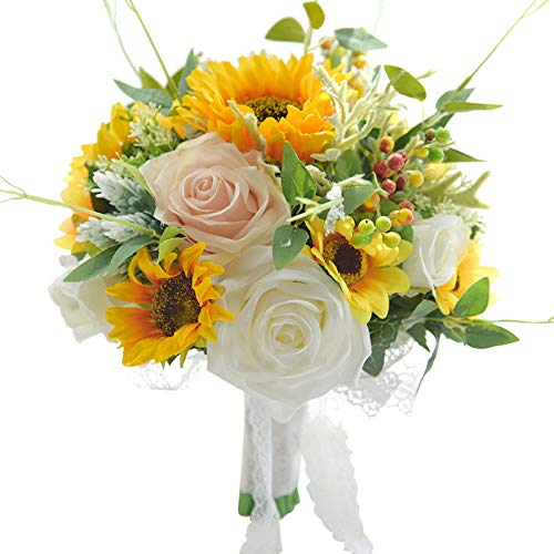 YQYAZL Sonnenblume mit Blumen, künstliche Sonnenblume, Brautstrauß, künstliche Sonnenblumensträuße für Hochzeit, Party, Heimdekoration. 26 x 28 cm.