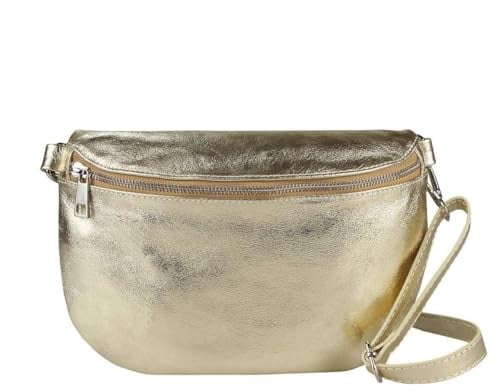 OBC Made in Italy Damen Leder Tasche Gürteltasche Crossbody Hüfttasche Bauchtasche Umhängetasche Cross-Over Bodybag Schultertasche Handytasche (Gold)