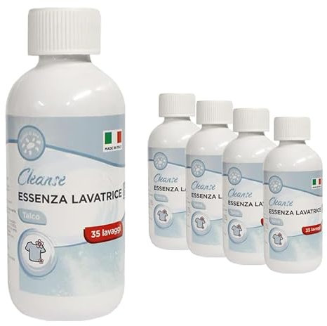 Profumatore Bucato Lavatrice, Essenza per Bucato, Profuma Biancheria, 250 ml, Set da 5, Delicato sui Tessuti, Concentrato, Made in Italy, Neutralizza gli Odori, Non Lascia Residui, Profumo di Talco