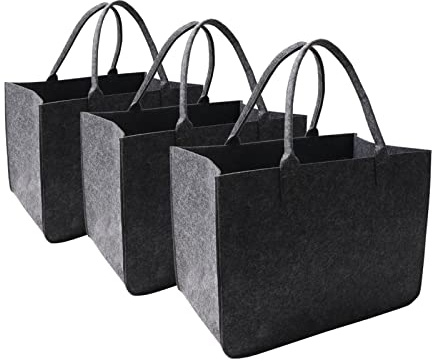 MEIANJU Felt Tote Bag, Large16 x12 x 10 Reusable Bags Dark Grey 3pcs Heavy Duty Grocery Tote Bag with Handles Grocery Tote Shopping Felt Bags for Grocery, Beach, Travel, Study, Gym, Gifts