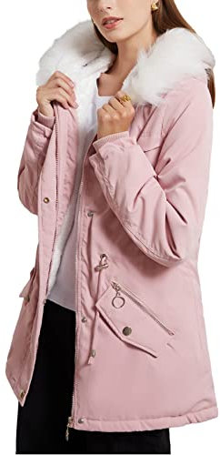 amropi Donna Giacca Parka da Fodera in Pile Invernale con Cappuccio in Pelliccia Rosa,XS