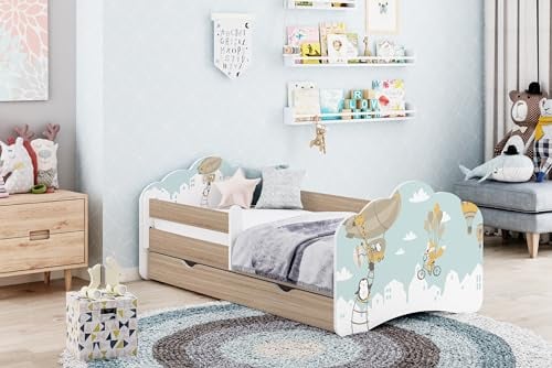 Happy Babies Kinderbett - Mit Matratze & Schublade und Rausfallschutz, 80x160, Mädchen Kinderbetten & Jugendbett Jungen Kids Bed, Jugendbett für Bodentief Ausziehbett Kleinkind, Lattenrost