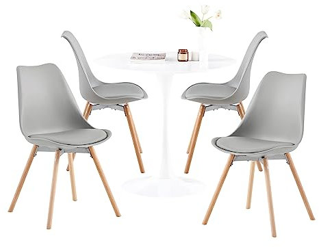 buybyroom Juego de Mesa de Comedor y Silla Redonda escandinava con 4 sillas Grises, Adecuado para Cocina, Comedor, Sala de Estar, balcón, jardín, bistró, MDF, Blanco, 80 x 80 x 73 cm