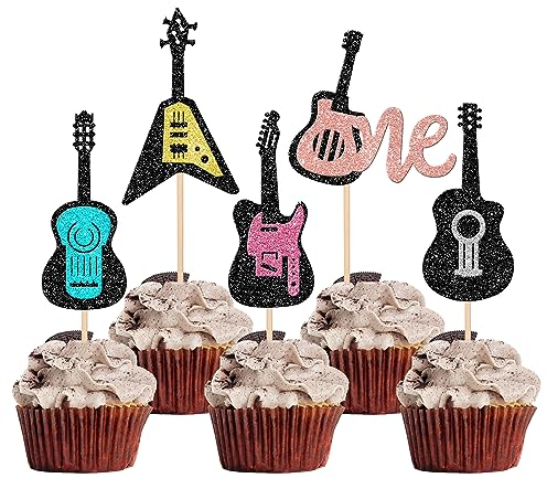 SYKYCTCY 30 Pack Cupcake Toppers - Glitter Guitar Rock Cake Picks Musical Instrument First Birthday Cake Decorations for Baby Shower Theme Party Supplies