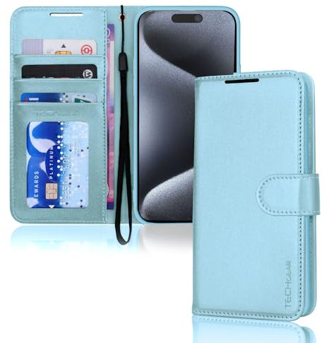 TECHGEAR iPhone 15 Pro Leather Wallet Case, Flip Protective Case Cover with Wallet Card Holder, Stand and Wrist Strap - Light Blue PU Leather with Magnetic Closure Designed for iPhone 15 Pro 6.1