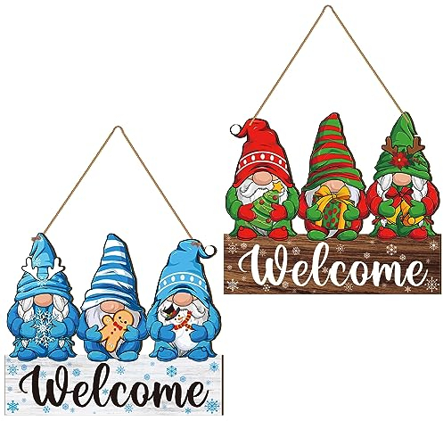 Chunful Winter-Willkommensschild für Haustür, Zwergkranz, Holzschild für Veranda, doppelseitig, Schneeflocke, Schneemann, Lebkuchenmann, Türhänger, Winter-Hängedekoration für Urlaub, Innen- und